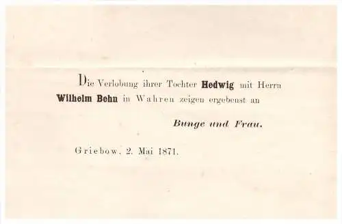 Schreiben von 1871 - Wilh. Behn und H. Bunge in Griebow b. Suckow , Mecklenburg !!!