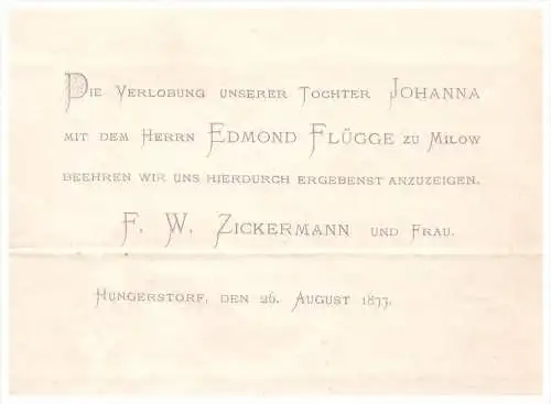 2 Schreiben von 1877 - F. Flügge zu Milow / F. Zickermann in Hungerstorf b. Faulenrost , Mecklenburg !!!