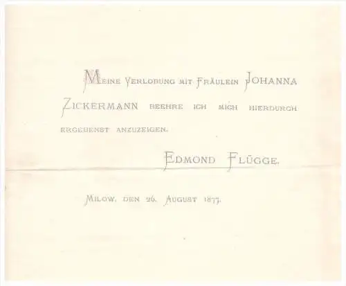 2 Schreiben von 1877 - F. Flügge zu Milow / F. Zickermann in Hungerstorf b. Faulenrost , Mecklenburg !!!