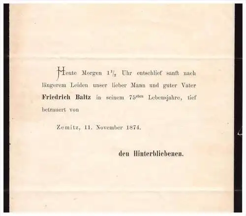 Schreiben von 1874 - F. Baltz  in Zemitz b. Wolgast , Mecklenburg !!!