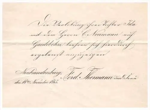 Schreiben von 1865 - F. Thormann in Neubrandenburg , C. Neumann in Gädebehn !!! Knorrendorf , Mecklenburg !!!