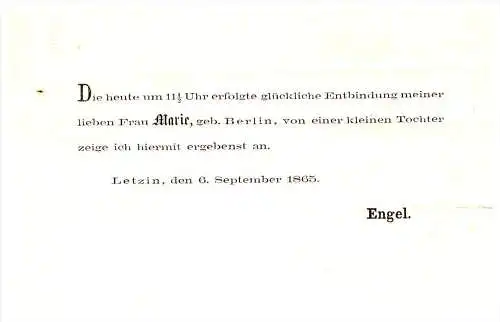 Schreiben von 1865 - M. Engel in Letzin b. Gnevkow !!! Altentreptow , Mecklenburg !!!