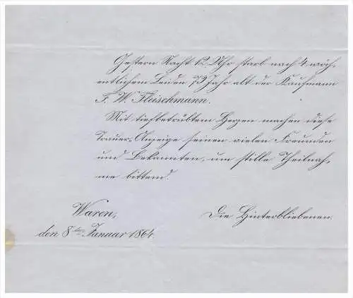 Schreiben von 1864 - F.W. Fleischmann in Waren / Müritz !!! Mecklenburg !!!