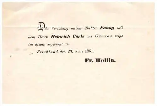 Schreiben von 1861 - H. Carls in Güstrow , Fr. Hollin in Friedland  !!! Mecklenburg !!!
