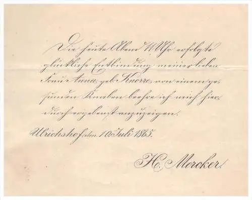 Schreiben von 1865 - H. Mercker in Ulrichshof b. Groß Miltzow , A. Knorre !!! Mecklenburg , Woldegk !!!