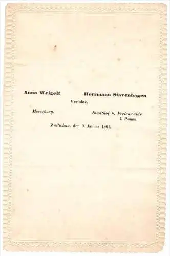 Schreiben von 1861 - A. Weigelt / H. Stavenhagen in Züllichau / Sulechów und Freienwalde / Chociwel i. Pommern !!!