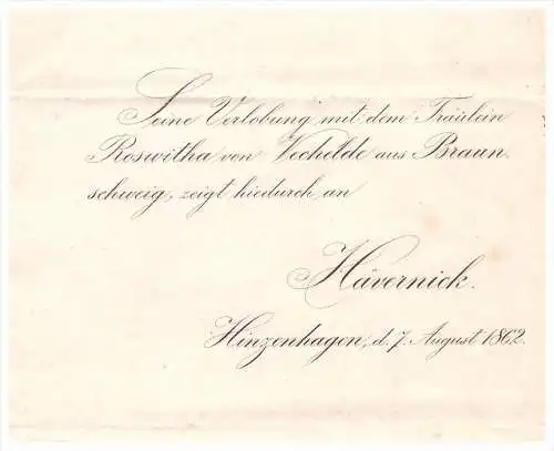 Schreiben von 1862 - R. von Vechelde in Hinzenhagen / Kuchelmiß !!! Rostock , Mecklenburg , Braunschweig , Hävernick !!!