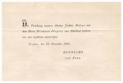 Schreiben von 1866 - H. Jürgens / Hinrichs in Matzdorf / Schönhausen b. Woldegk !!!  Mecklenburg , Treten !!!