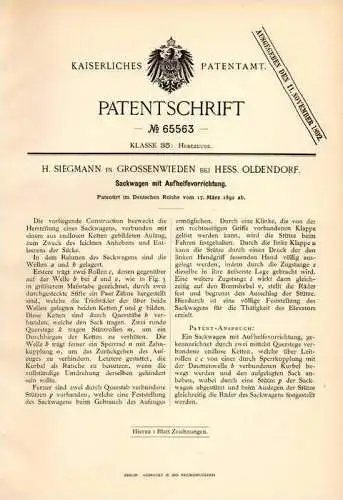 Original Patentschrift - H. Siegmann in Grossenwieden b. Hessisch Oldendorf , 1892 , Sackkarre , Karre , Sackwagen !!!