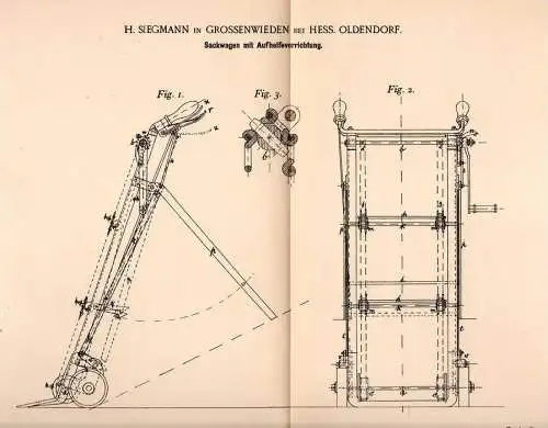 Original Patentschrift - H. Siegmann in Grossenwieden b. Hessisch Oldendorf , 1892 , Sackkarre , Karre , Sackwagen !!!