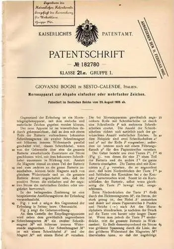 Original Patentschrift - Giovanni Bogni in Sesto - Calende , 1905 , Morse - Apparat , Morsen , Telegraph , telegraphy !!