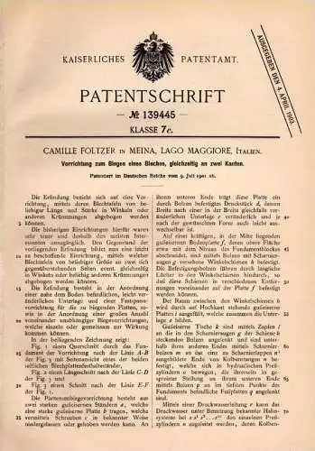 Original Patentschrift - Camille Foltzer in Meina , Lago Maggiore , 1901 , Apparat zum Biegen von Blech !!!