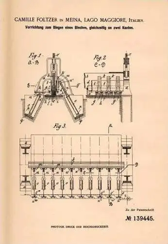 Original Patentschrift - Camille Foltzer in Meina , Lago Maggiore , 1901 , Apparat zum Biegen von Blech !!!