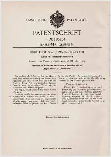 Original Patentschrift - Gebr. Engels in Nümmen - Gräfrath , 1905 , Kamm für Haarschneidescheeren , Friseur , Solingen !