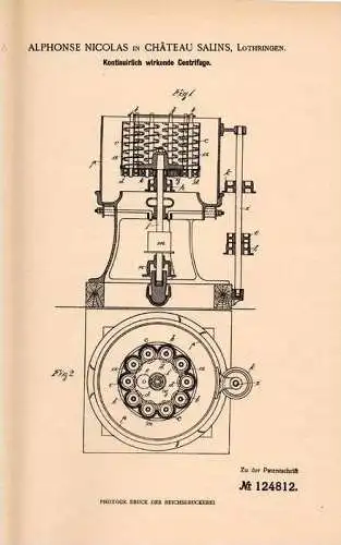 Original Patentschrift - A. Nicolas dans Chateau - Salins , Lothringen , 1900 , Centrifuge !!!