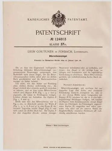 Original Patentschrift - Leon Couturier in Forbach / Moselle , 1901 , Queue de castor - briques, tuiles , toiture !!!