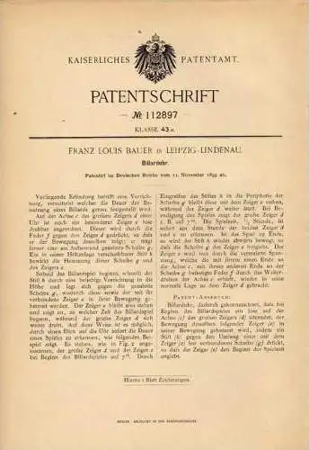 Original Patentschrift - F. Bauer in Leipzig - Lindenau , 1899 , Billiarduhr , Billiard !!!