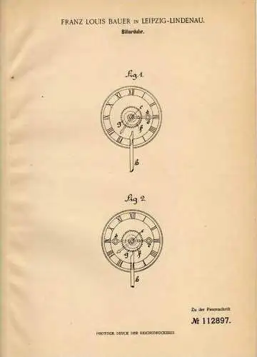 Original Patentschrift - F. Bauer in Leipzig - Lindenau , 1899 , Billiarduhr , Billiard !!!