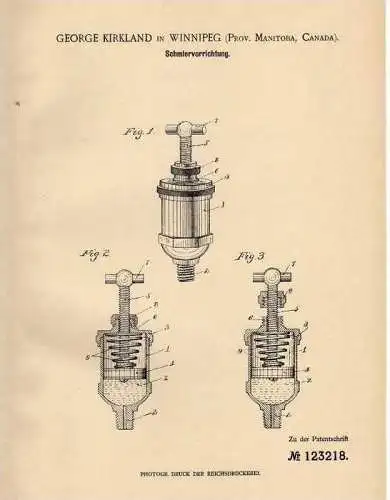 Original Patentschrift - G. Kirkland in Winnipeg , Canada , 1901 , Schmiervorrichtung !!!