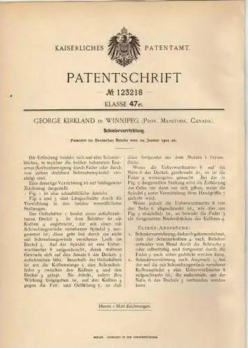 Original Patentschrift - G. Kirkland in Winnipeg , Canada , 1901 , Schmiervorrichtung !!!