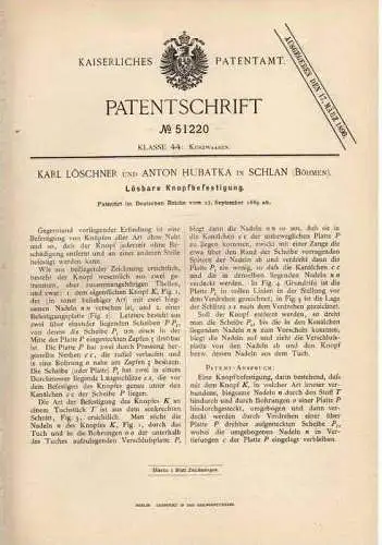 Original Patentschrift - L. Löschner in Schlan / Slaný , 1889 , lösbare Knopfbefestigung , Knopf , Knöpfe !!!