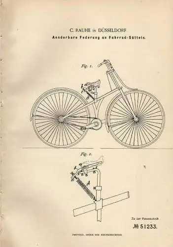 Original Patentschrift - C. Rauhe in Düsseldorf , 1889 , änderbare Federung für Fahrrad !!!