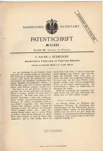 Original Patentschrift - C. Rauhe in Düsseldorf , 1889 , änderbare Federung für Fahrrad !!!