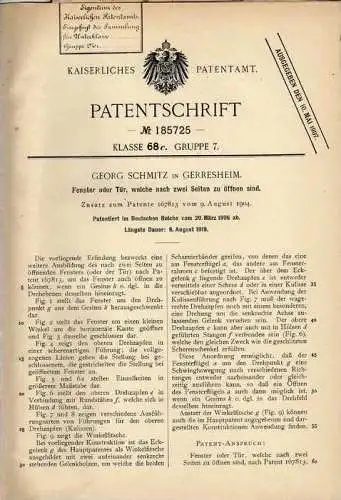 Original Patentschrift - G. Schmitz in Gerresheim , 1906 , zweiseitig öffnendes Fenster , Fensterbau , Düsseldorf !!!