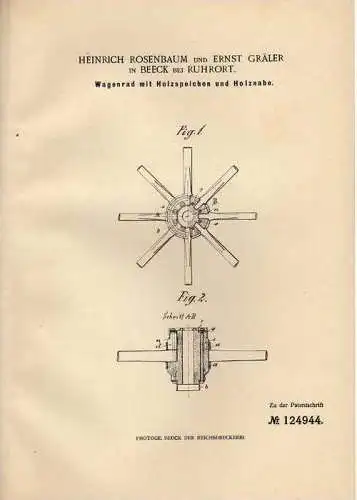 Original Patentschrift - E. Gräler in Beeck b. Ruhrort , 1900 , Wagenrad mit Holzspeichen , Duisburg !!!