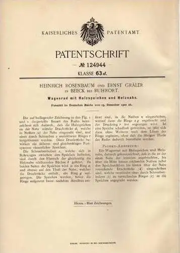 Original Patentschrift - E. Gräler in Beeck b. Ruhrort , 1900 , Wagenrad mit Holzspeichen , Duisburg !!!