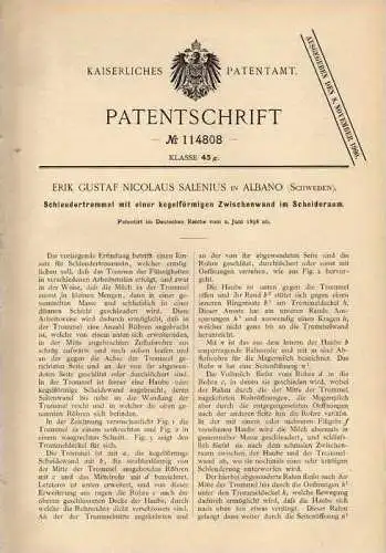 Original Patentschrift - E. Salenius in Albano , Schweden , 1898 , Schleudertrommel , Milch , Butter !!!