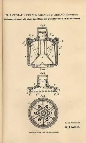 Original Patentschrift - E. Salenius in Albano , Schweden , 1898 , Schleudertrommel , Milch , Butter !!!