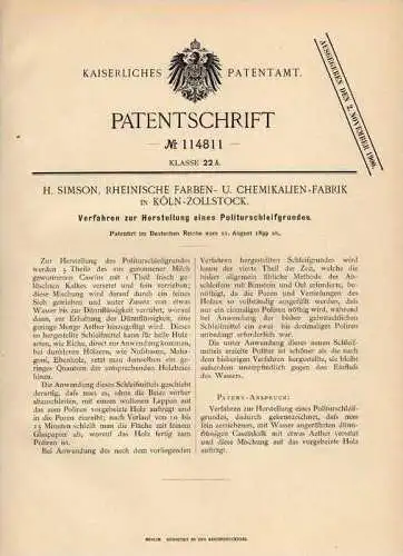 Original Patentschrift - H. Simson Farbenfabrik in Köln - Zollstock , 1899 , Politur , Schleifgrung , Polieren !!!