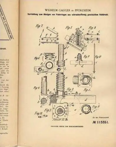 Original Patentschrift - W. Gauger in Pforzheim , 1899 , Sägevorrichtung für Federringe !!!