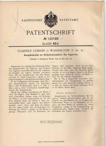 Original Patentschrift - Verkaufsapparat für Cigarren , 1900 , C. Corson in Wahington , USA , Cigarre , Zigarre !!!