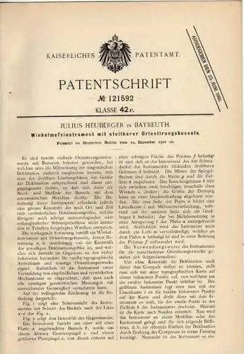 Original Patentschrift - J. Heuberger in Bayreuth , 1900 , Winkelmeßinstrument , Kompass , Astronomie !!!