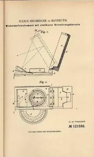 Original Patentschrift - J. Heuberger in Bayreuth , 1900 , Winkelmeßinstrument , Kompass , Astronomie !!!