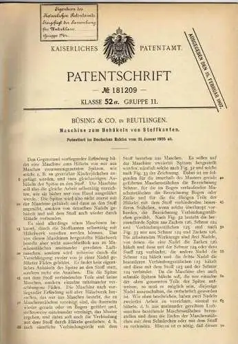 Original Patentschrift - Büsing & Co in Reutlingen , 1905, Häkelmaschine , Nähmaschine , Häkeln , !!!