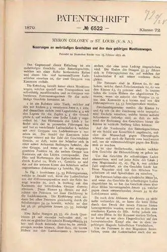 Original Patentschrift - mehrläufiges Geschütz , Kanone , 1879 ,M. Coloney in St. Louis , USA  !!!