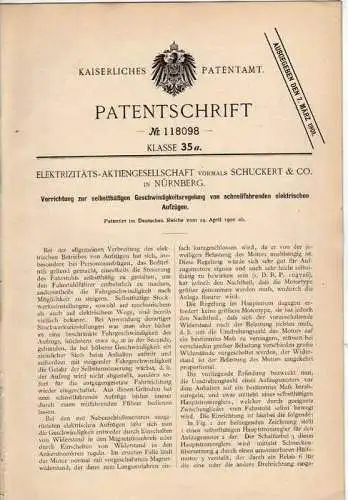 Original Patentschrift -  Elektrizitäts AG in Nürnberg , 1900 , Geschwindigkeitsregelung  für Aufzüge , Lift , Fahrstuhl