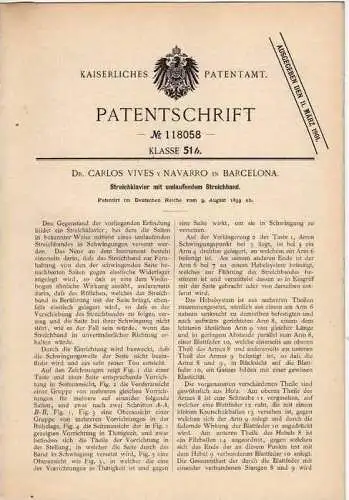 Original Patentschrift -   Dr. Navarro in Barcelona , 1899 , Klavier mit Streichband !!!