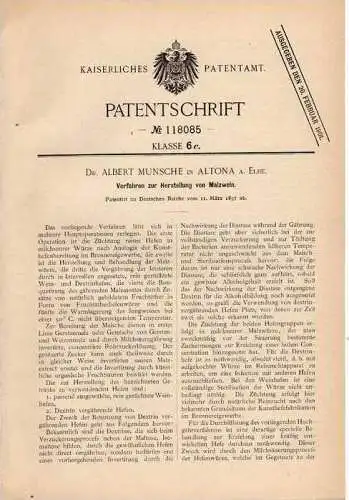 Original Patentschrift - Dr.A. Munsche in Altona b. Hamburg ,1897, Herstellung von Malzwein , Wein , Brauerei , Alkohol