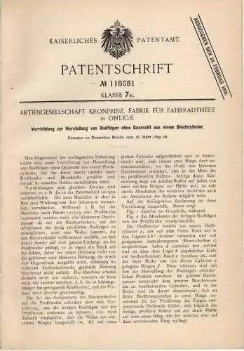 Original Patentschrift - Kronprinz Fabrik für Fahrrad Teile in Ohligs , 1899 , Herstellung von Felgen !!!