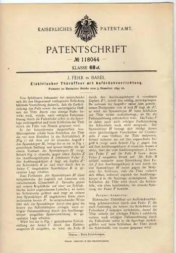 Original Patentschrift - F. Fehr in Basel , elektr. Thüröffner , 1899 !!!