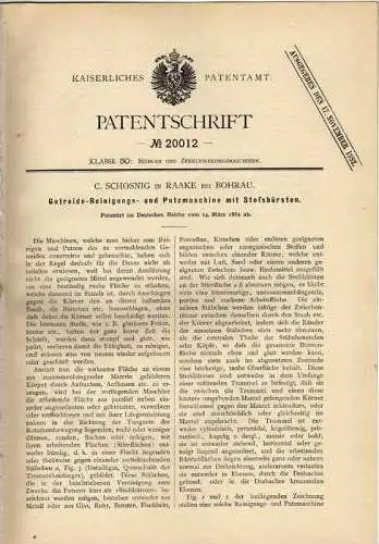 Original Patentschrift -  C. Schosnig in Rraake bei Bohrau , 1882 , Getreide Reinigungsmaschine !!!