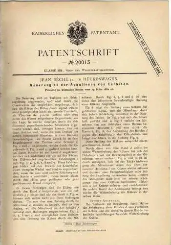 Original Patentschrift - J. Beche in Hückeswagen , 1882 ,  Regelung von Turbinen !!!