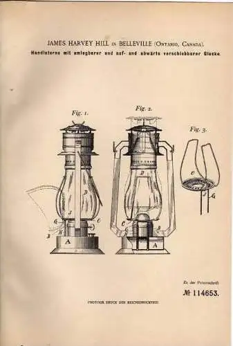 Original Patentschrift - Laterne ,  Öllaterne mit Glocke , 1899 , J.H. Hill in Belleville , Ontario , Canada !!!