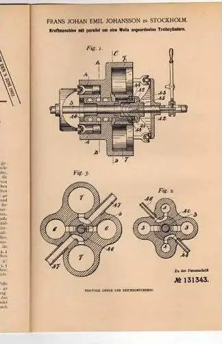 Original Patentschrift - F. Johansson in Stockholm , Kraftmaschine , 1901 , Maschinenbau !!!