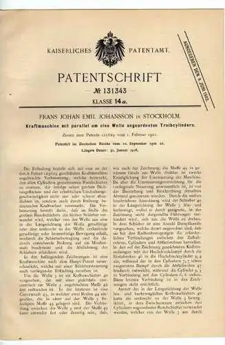 Original Patentschrift - F. Johansson in Stockholm , Kraftmaschine , 1901 , Maschinenbau !!!