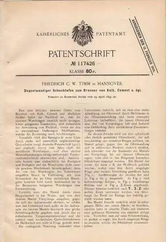 Original Patentschrift - C.W. Timm in Hannover , Ofen zum Brennen von Cement , 1899 !!!